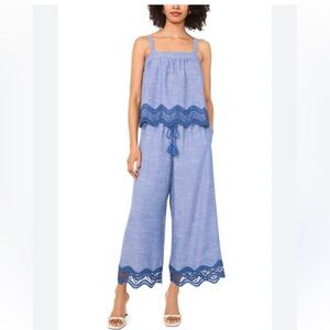 Parker Two Piece Blue Wide Leg Crop Pants and Top with Embellished Laced Trim